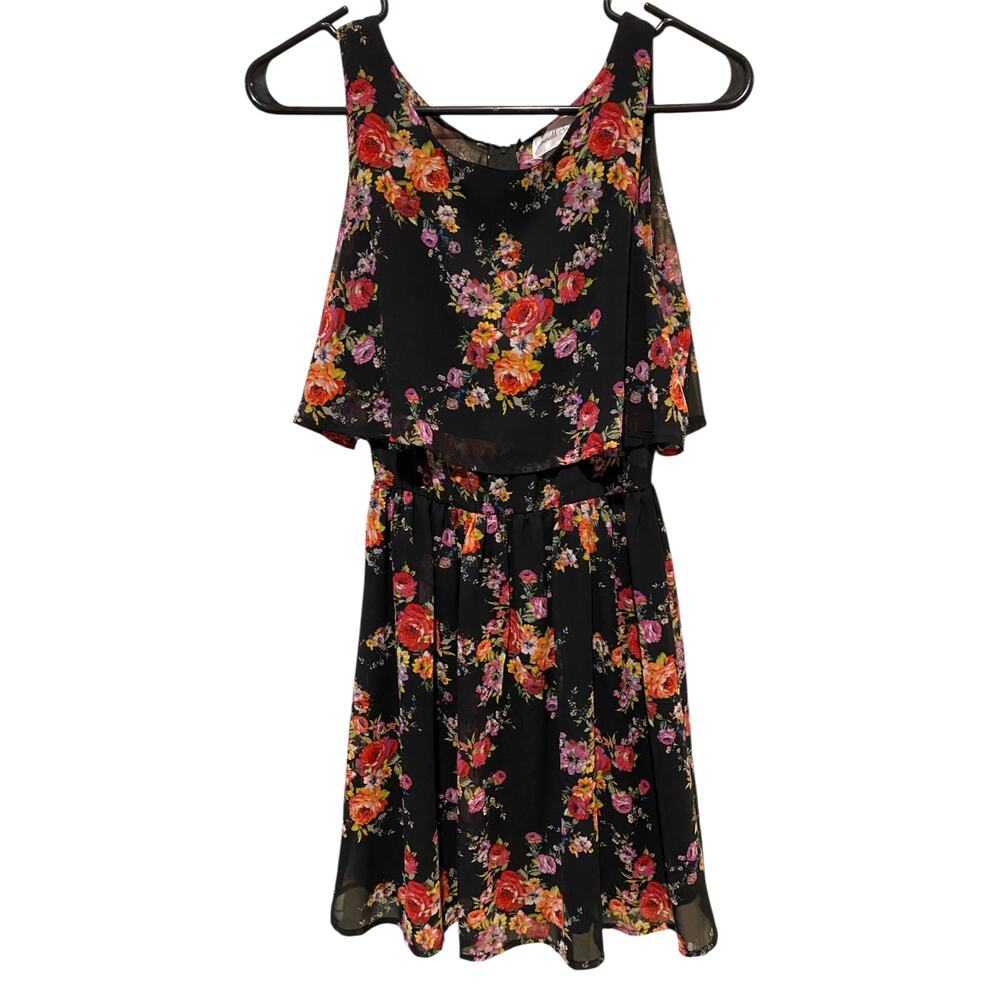 Emerald Sundae Floral Mini Dress XS Black Multicolor Roses Sheer Blouson Party